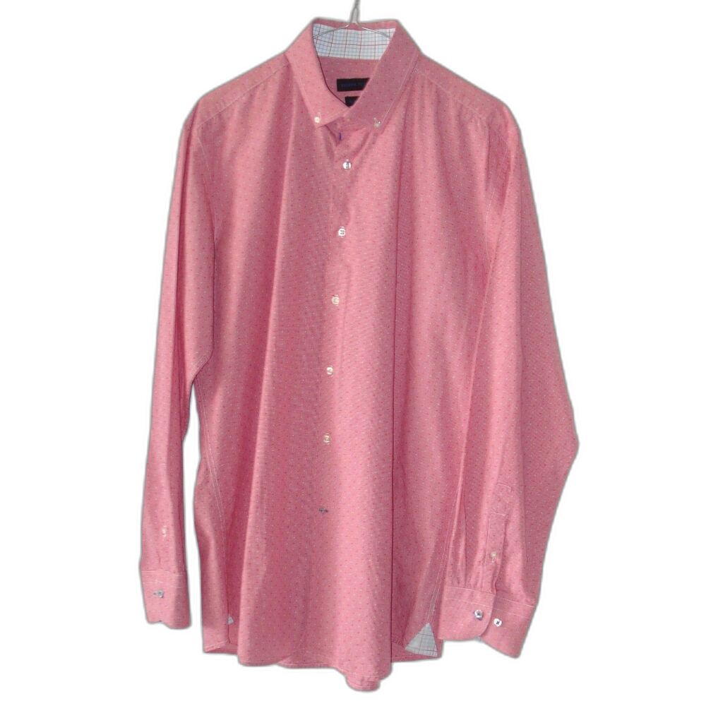 Andrew Fezza Men Cotton Shirt 17.5 - 34/35 Pink Long Sleeve Slim Fit Button Up